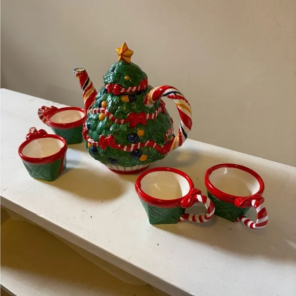 Vintage Retired Department 56 Christmas Tea "O Christmas Tree" Tea Set - Picture 3 of 16